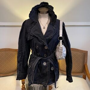 Esprit Y2K Dark Blue Double-Breasted Trench Coat Fringe Detail Hood Belt Size M